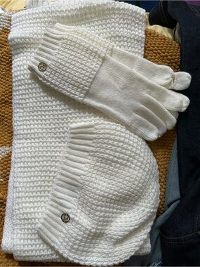 White Knit Beanie, Scarf and Gloves Set  Winter Accessories